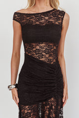 Moonlit Magic Asymmetric Neckline Lace Maxi Dress Black