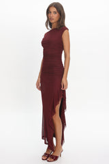 Moonlit Magic Asymmetric Neckline Slit Maxi Dress Wine