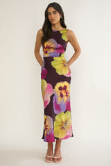 Floating Strappy Low Back Maxi Dress Pansies Plum