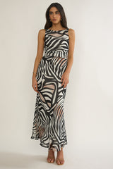 Floating Tied Low Back Maxi Dress Print Black/White