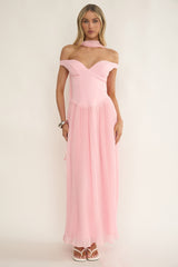 Quinnae Off-Shoulder Accordion Pleat Maxi Dress Pink