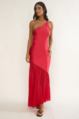 Mireya One-Shoulder Sheer Hem Maxi Dress Red