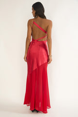 Mireya One-Shoulder Sheer Hem Maxi Dress Red