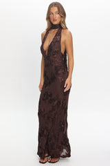 Cipriana Backless Halter Maxi Dress Embellished Brown