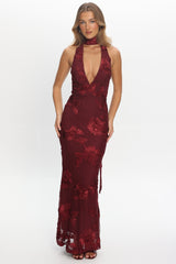 Cipriana Backless Halter Maxi Dress Embellished Wine