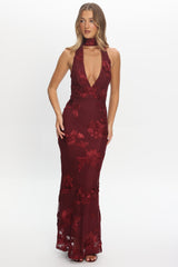 Cipriana Backless Halter Maxi Dress Embellished Wine