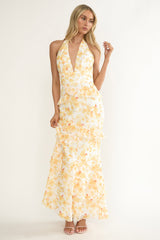 Cipriana Frill Trim Halter Maxi Dress Floral Yellow