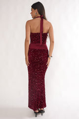 Cabernet Halter Maxi Dress Sequin Wine