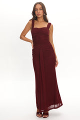 Emara Ruched Waist Sash Maxi Dress Burgundy