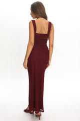 Emara Ruched Waist Sash Maxi Dress Burgundy