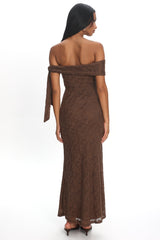 Aurora Sky Off-Shoulder Tie Maxi Dress Lace Chocolate