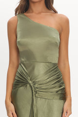 Luli One-Shoulder Waist Sash Maxi Dress Olive