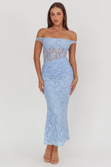 Bellora Off-Shoulder Lace Maxi Dress Blue