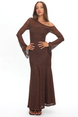 Lylah Asymmetric Neckline Long Sleeve Maxi Dress Lace Chocolate