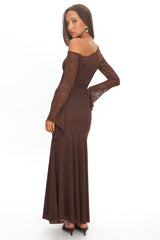 Lylah Asymmetric Neckline Long Sleeve Maxi Dress Lace Chocolate