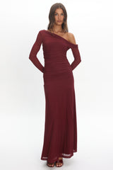 Lylah Asymmetric Neckline Long Sleeve Maxi Dress Mesh Plum