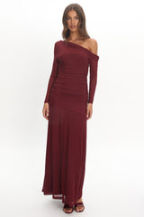 Lylah Asymmetric Neckline Long Sleeve Maxi Dress Mesh Plum