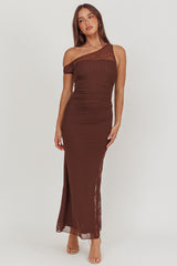 Sher One-Shoulder Lace Panel Maxi Dress Chocolate