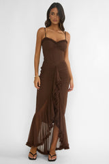 Noelia Gathered Waist Frill Trim Maxi Dress Chocolate
