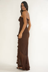 Noelia Gathered Waist Frill Trim Maxi Dress Chocolate