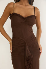 Noelia Gathered Waist Frill Trim Maxi Dress Chocolate