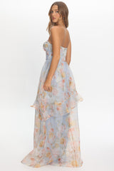 Petrice Asymmetric Layer Maxi Dress Floral Light Blue
