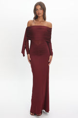 Marlowe Off-Shoulder Sheer Waist Maxi Dress Wine