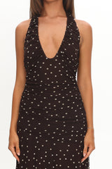 She's The Moment Plunging Halter Maxi Dress Polka Dot Brown