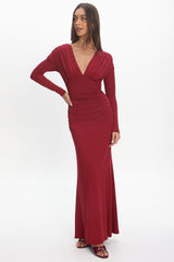 Gilded Long Sleeve Ruched Maxi Dress Wine