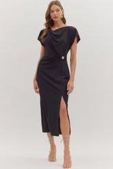 Odessa Draped-Neck Side-Ring Midi Dress