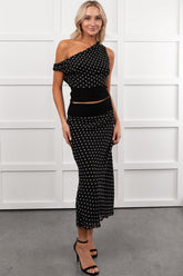 Heat Of It Polka-Dot One Shoulder Top Midi Skirt Set (Black/White)