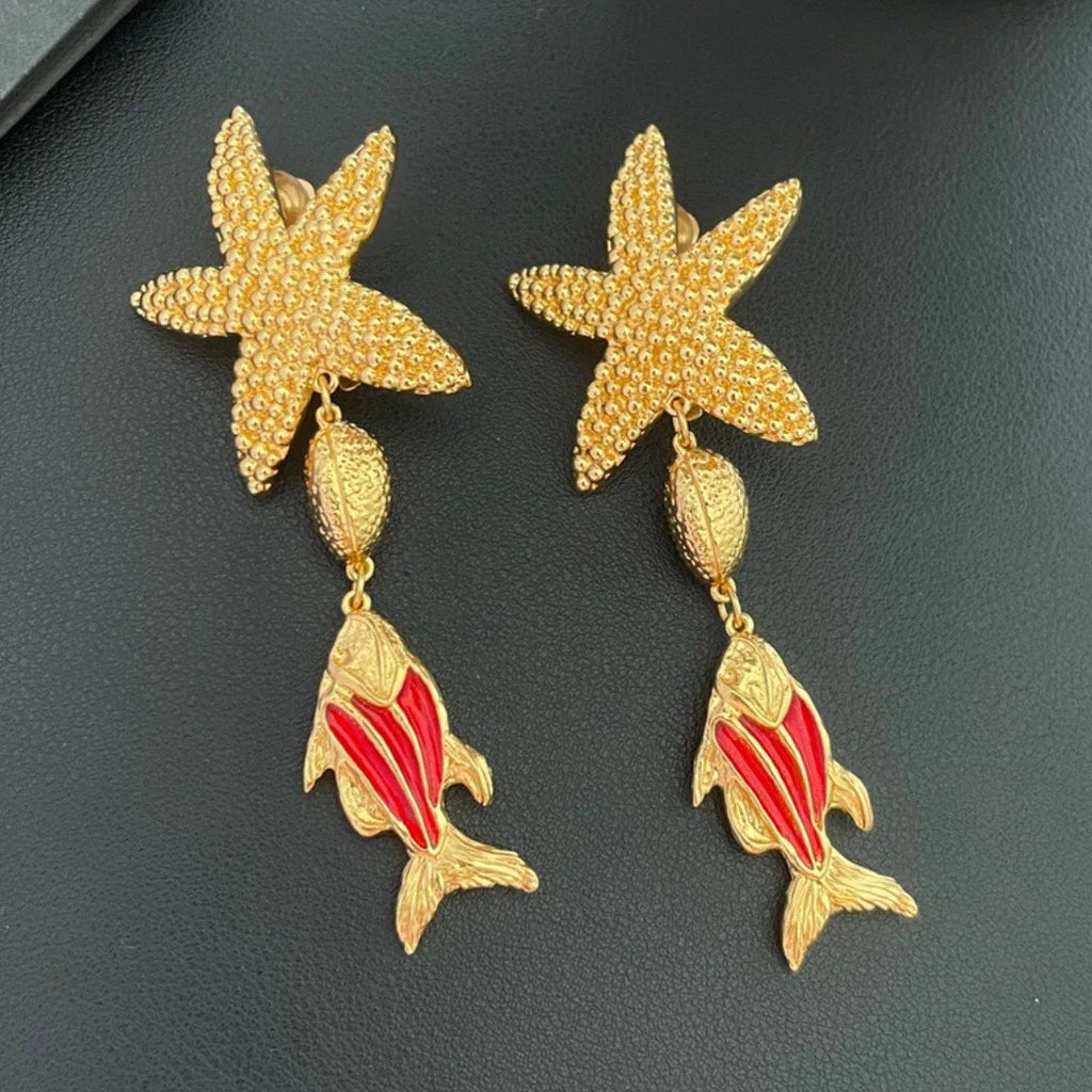 Vintage Fish Pendant Star Fish Clip Earrings