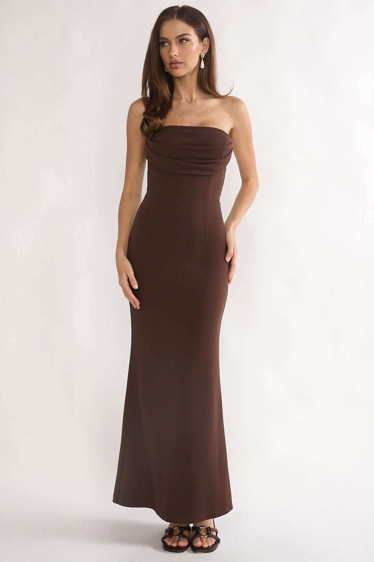 Well Versed Strapless Pleat Bust Maxi Dress Chocolate