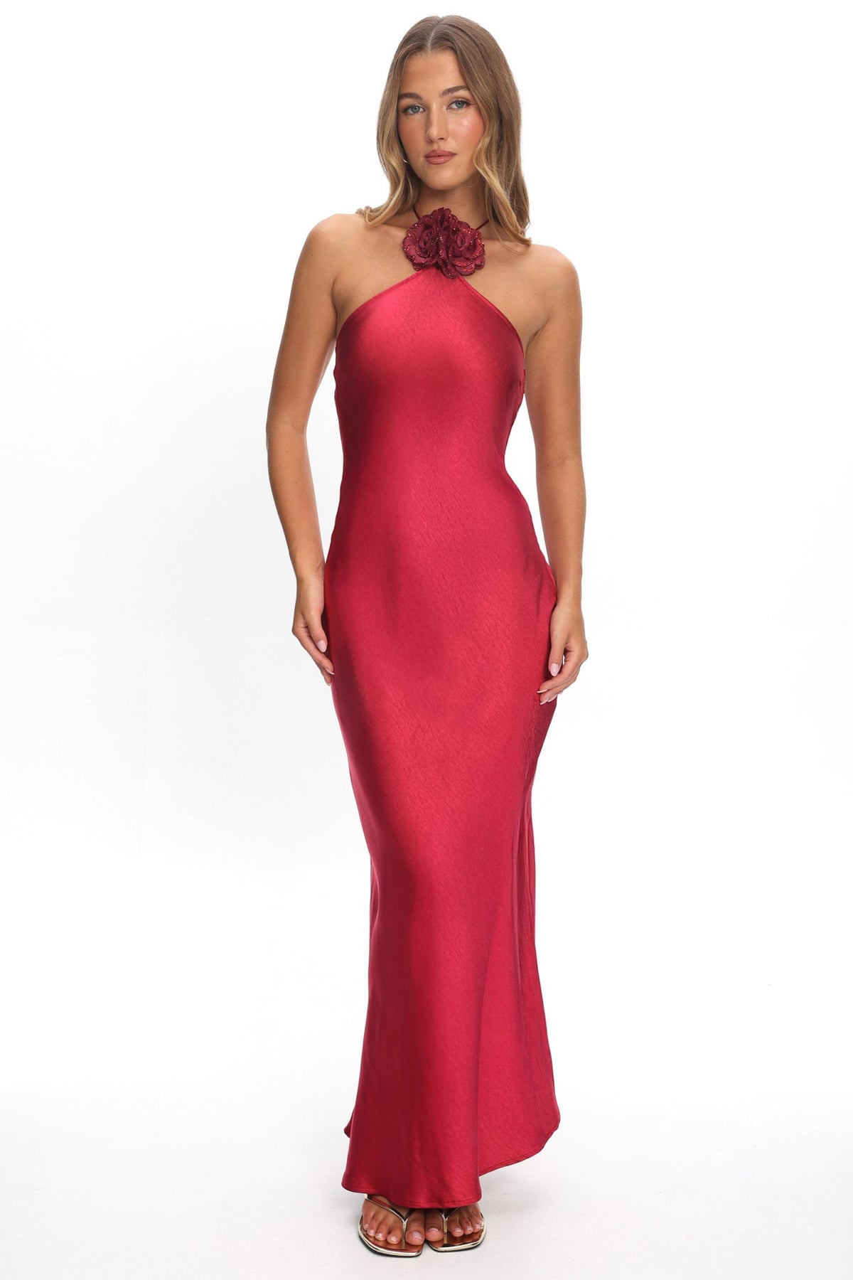 High Roller Flower Decoration Halter Dress Wine