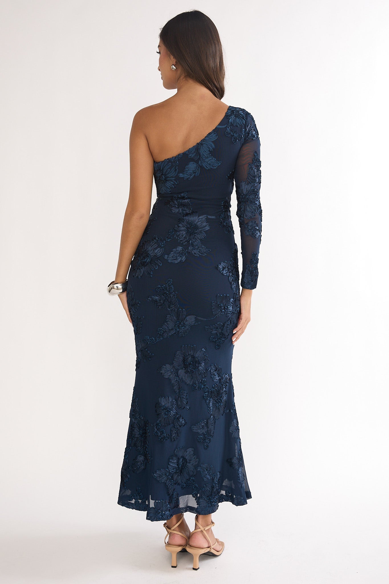 Deanna One-Shoulder Sleeve Maxi Dress Embellished Navy