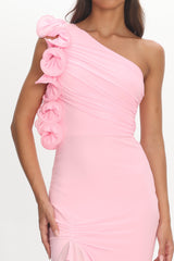 Deanna One-Shoulder Split Ruffle Maxi Dress Baby Pink
