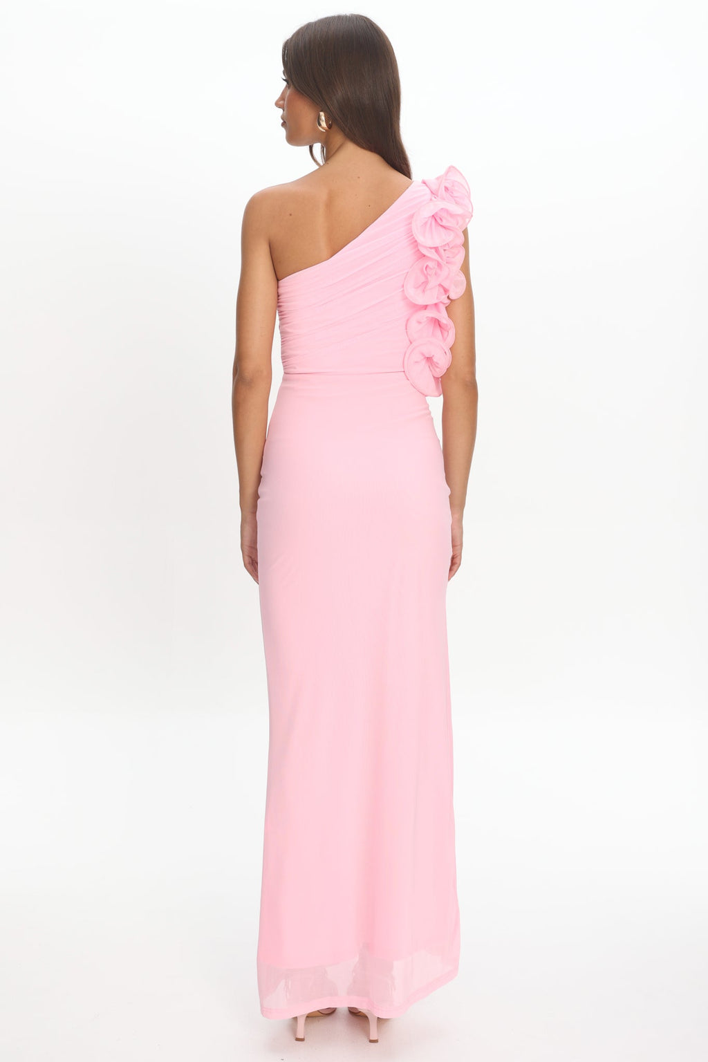 Deanna One-Shoulder Split Ruffle Maxi Dress Baby Pink