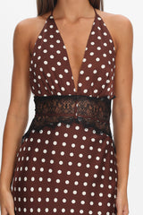 Tarly Lace Waist Halter Maxi Dress Polka Dot Chocolate