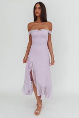 Moonlit Magic Off-Shoulder Split Maxi Dress Lilac