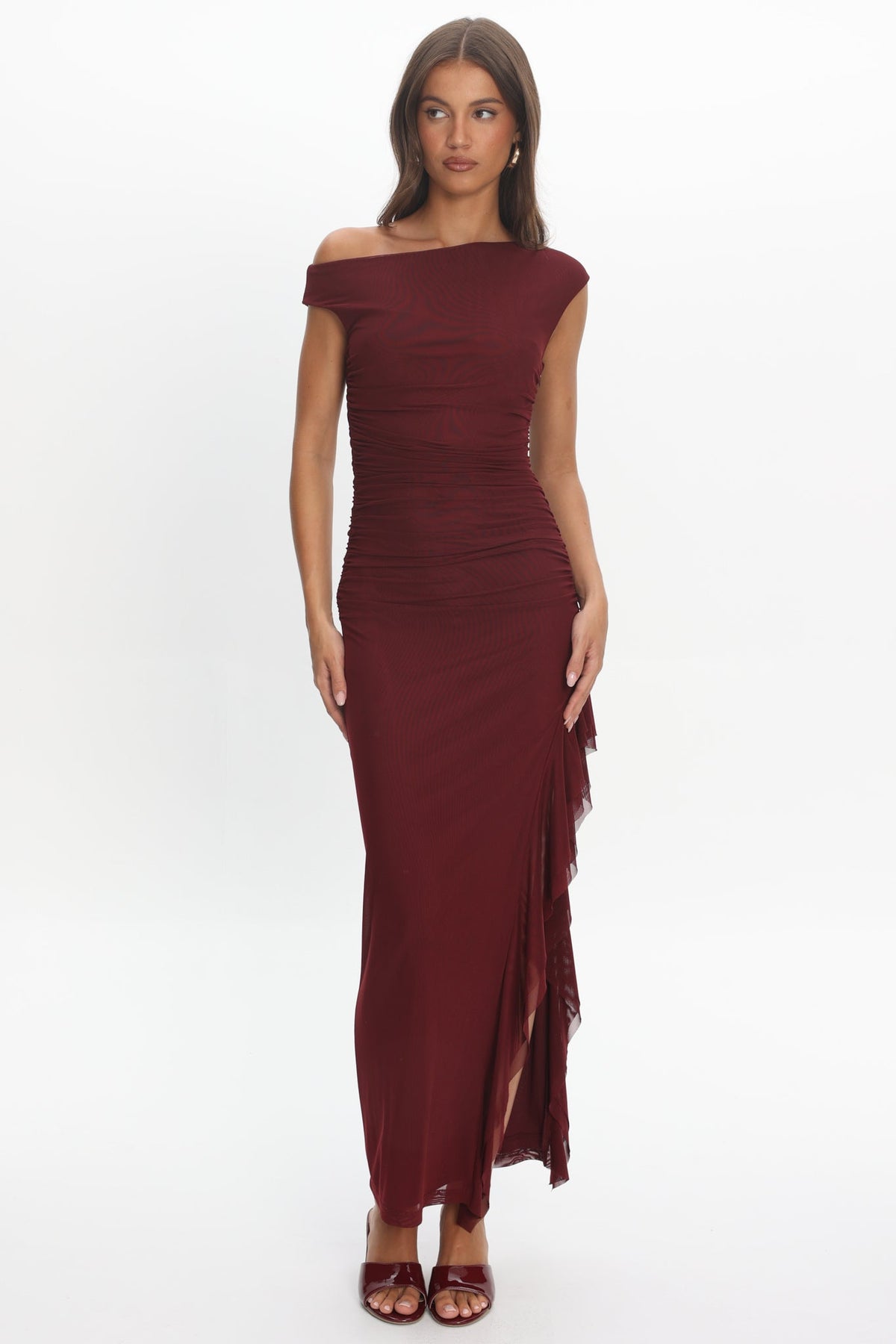 Moonlit Magic Asymmetric Neckline Slit Maxi Dress Wine