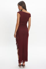 Moonlit Magic Asymmetric Neckline Slit Maxi Dress Wine
