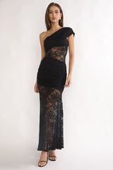 Gala One-Shoulder Maxi Dress Lace Black