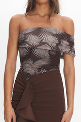 Gala One-Shoulder Ruffle Maxi Dress Brown