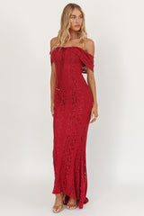 Enigma Off-Shoulder Maxi Dress Lace Wine