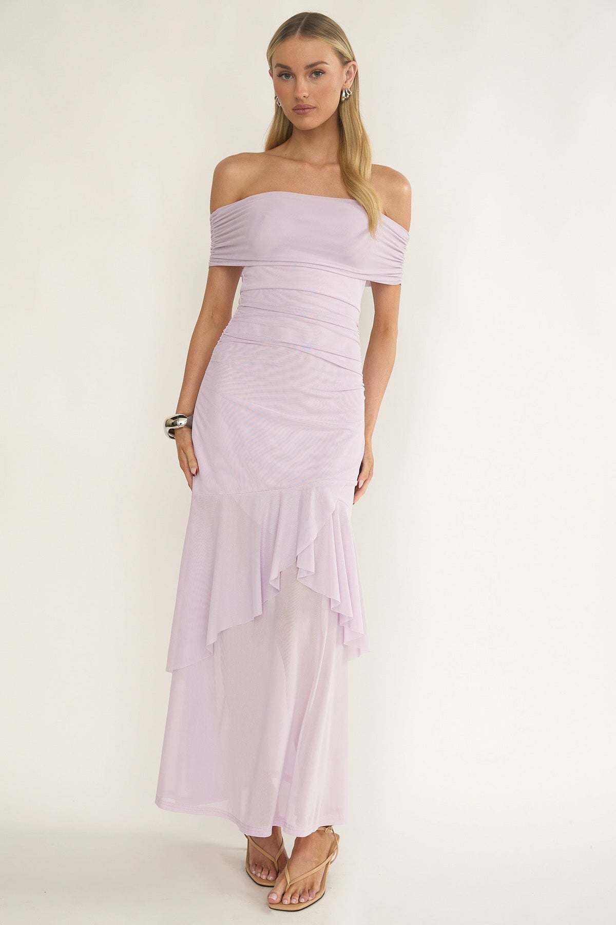 Kiarna Off-Shoulder Mesh Maxi Dress Lilac