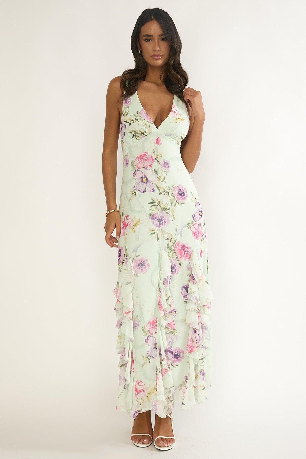 Elenya Strappy Back Ruffle Trim Maxi Dress Mint Floral