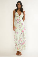 Elenya Strappy Back Ruffle Trim Maxi Dress Mint Floral