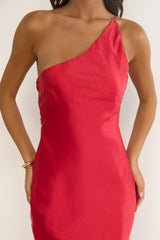 Mireya One-Shoulder Sheer Hem Maxi Dress Red
