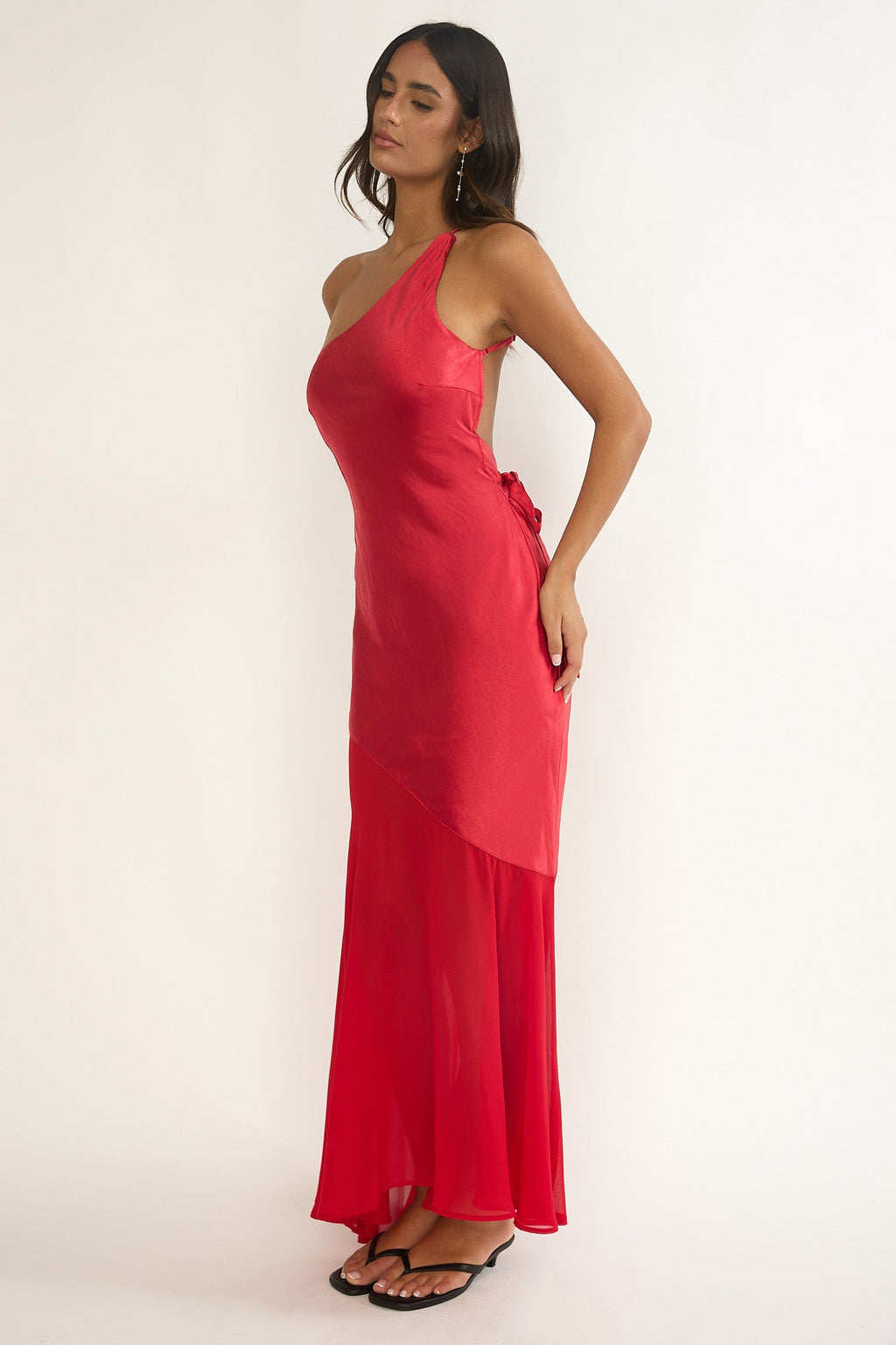 Mireya One-Shoulder Sheer Hem Maxi Dress Red