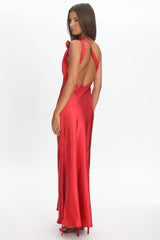Star Fall One-Shoulder Rosette Maxi Dress Red